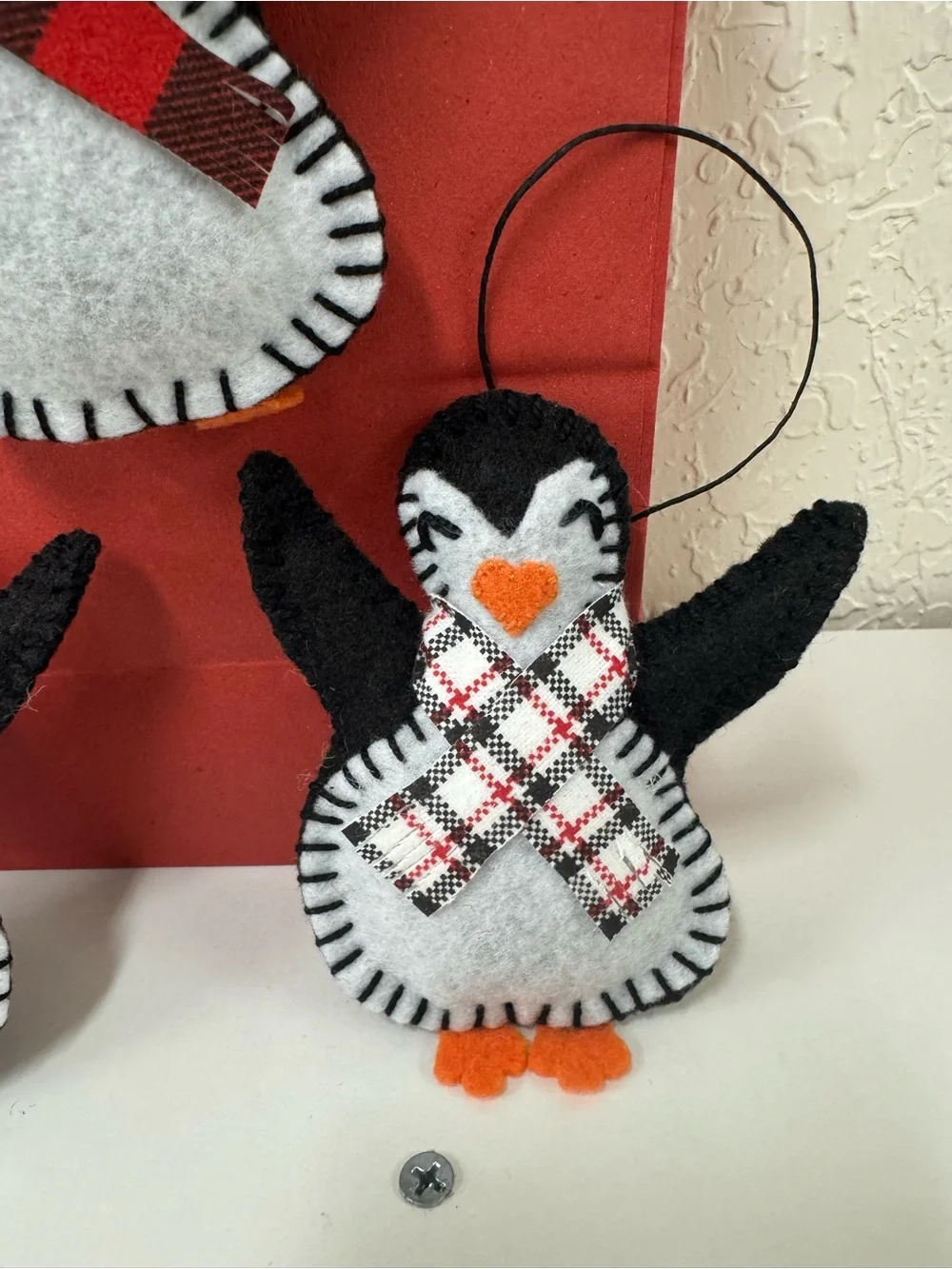 Christmas Ornaments Penguin Handmade felt black white red use as gift bag decor